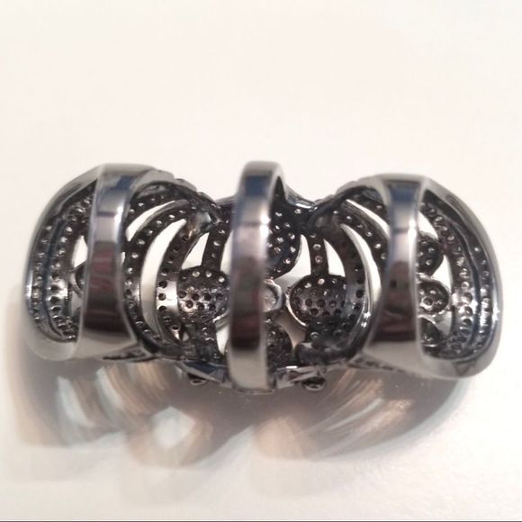 GORGEOUS SILVER GUNMETAL CZ COVERED JOINTED FULL FINGER SHIELD KNUCKLE RING NWT - Picture 8 of 11